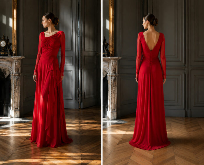 Robe de cocktail rouge sur mesure, créatrice Manon Pascual en Gironde