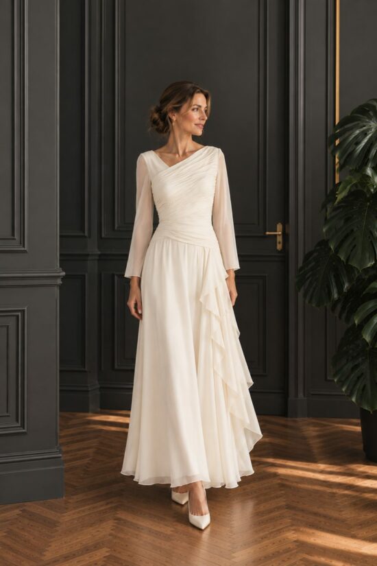 Robe longue drapée en crêpe Georgette de soie, version ivoire pour une mariée, création sur mesure Manon Pascual