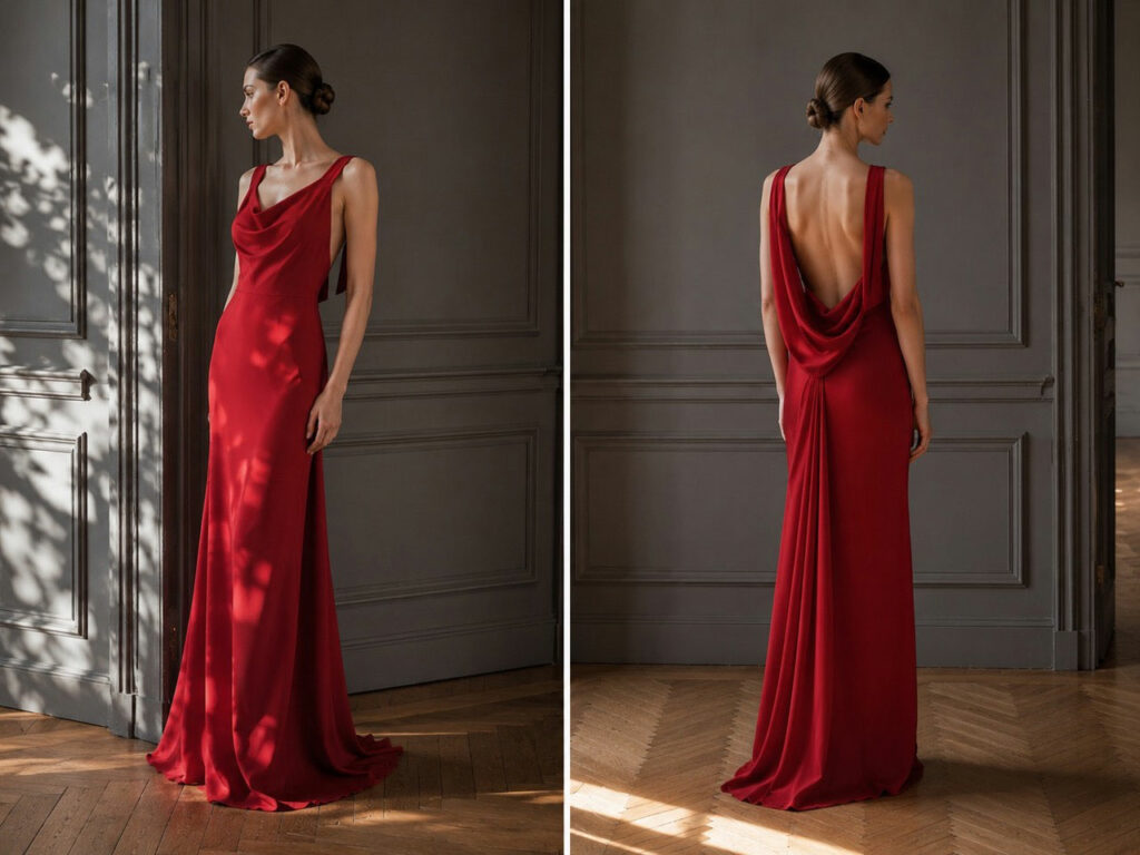 Robe de soirée rouge intense vue de face et de dos, création sur mesure Manon Pascual
